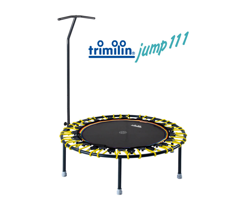 Minitrampolin Trimilin-jump 111 mit Haltestange, ohne Randbezug, schwarze Sprungmatte, gelbe Vario-Gummikabel, mit Produkt-Logo