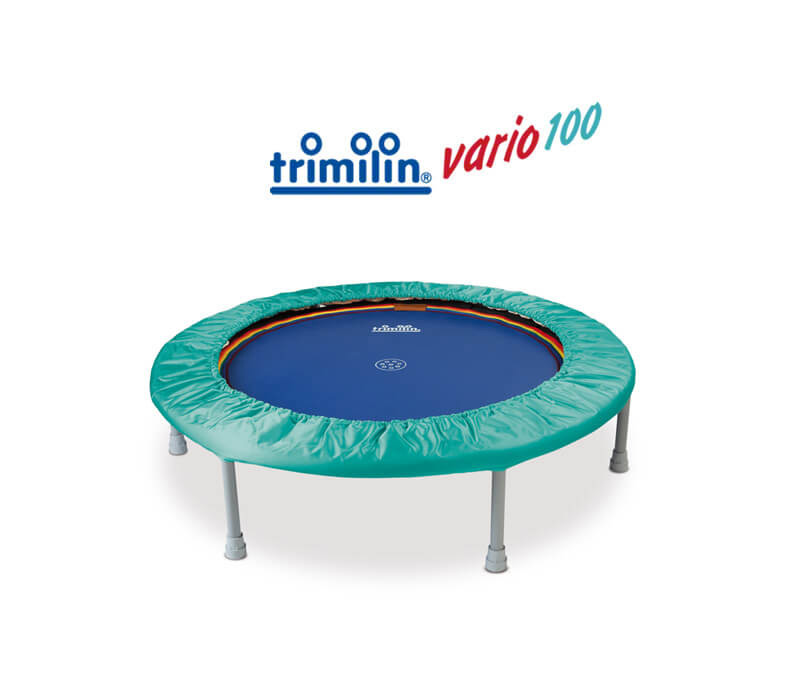 Trimilin-vario 100 Minitrampolin mit türkisfarbenem Randbezug, blaue Sprunmatte und Trimilin-vario 100 Logo